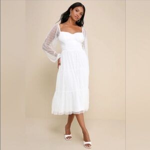 Lulu's White Midi Dress with Sheer Sleeves
